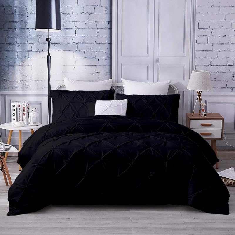 100% Cotton Quilt Cover 5 Piece Pinch Pleated Duvet Cover Set King (106'' x 90'') Black Beautiful 1 PC Duvet & 4 PCs Pillowcases with Zipper and Corner Ties 600 ThreadCount