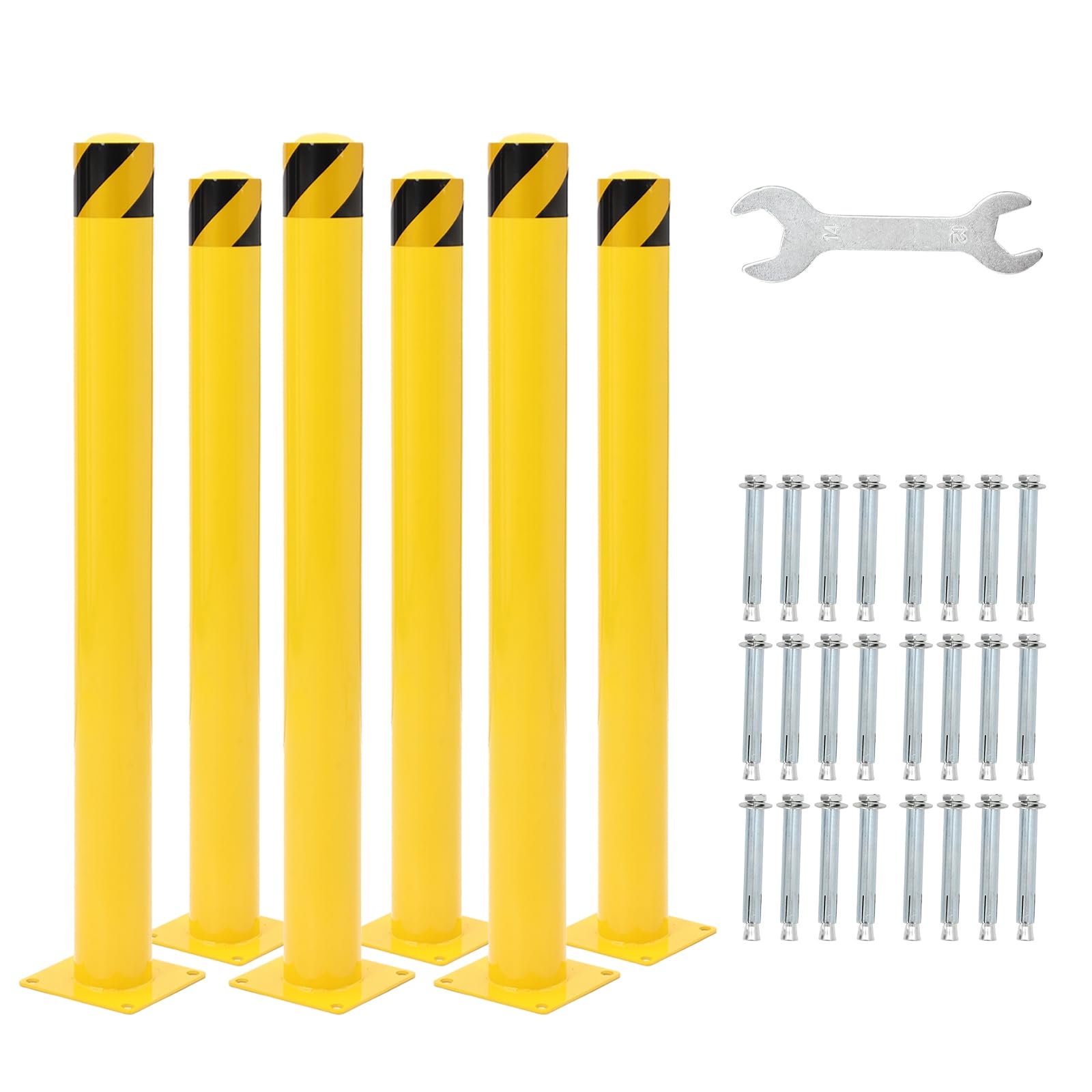 GarveeTech Safety Bollards 6 Pack - 48 Inch Heavy-Duty Yellow Steel Posts with 4.5 Inch Diameter & 8 Anchor Bolts for Effective Traffic Control & Driveway Barriers