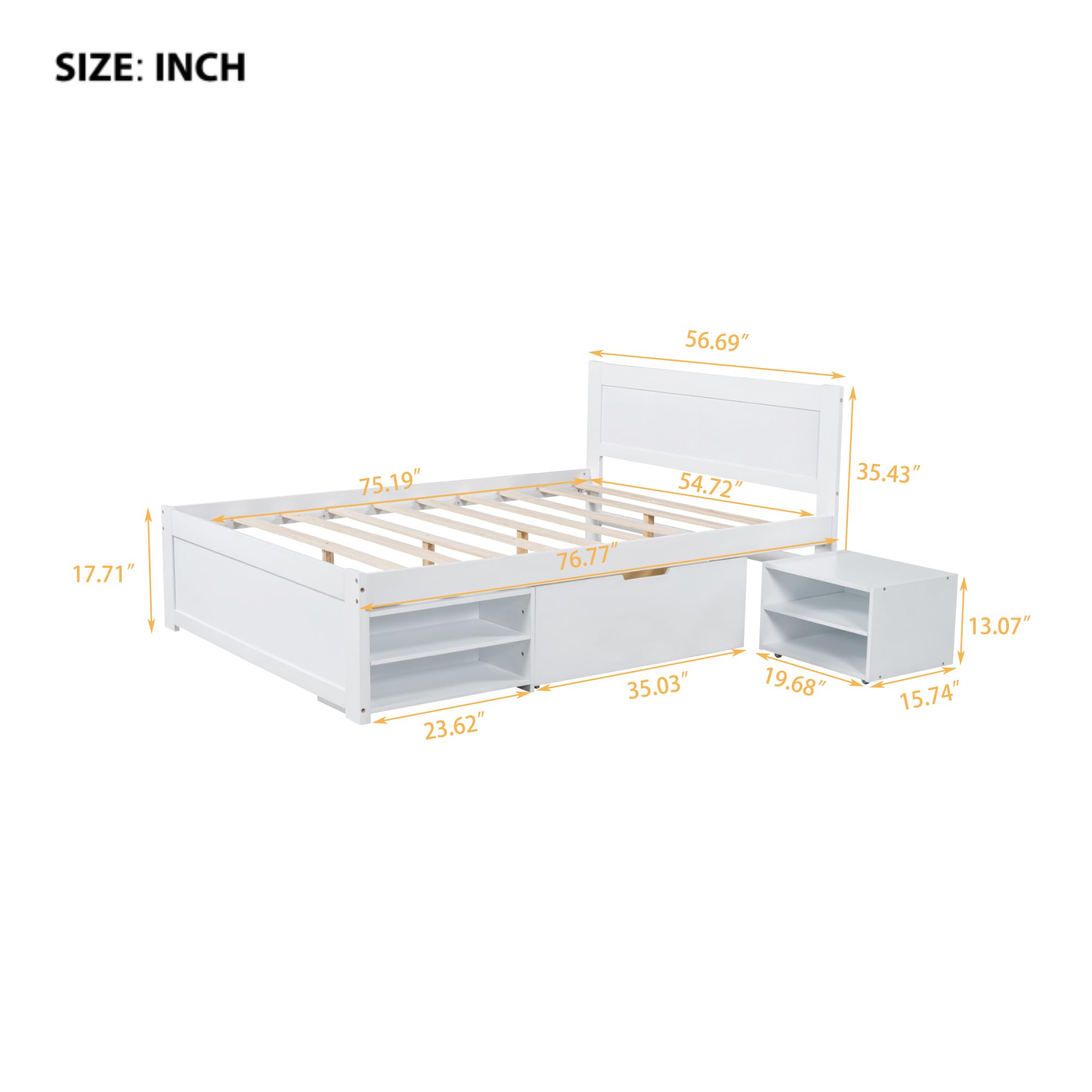 Linique Full Size Platform Bed with Drawer and Two Shelves,Full Bed Frame with Storage,Spring Box No Need,White