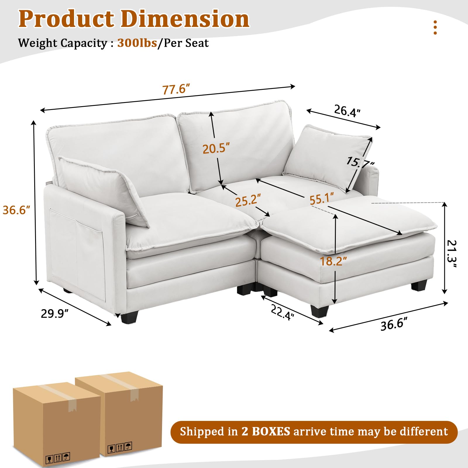 MANBUR Cloud Couch Sectional, Oversized Modular Convertible Sectional Sofa Couch, 2-Seat L Shaped Extra Deep Seat Sofa Couch with Ottoman and Pillows for Living Room, Apartment, Office, White