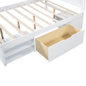 Linique Full Size Platform Bed with Drawer and Two Shelves,Full Bed Frame with Storage,Spring Box No Need,White