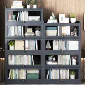 Modern 5 Tier Bookcase with Flip Door, Rectangle Shelves with Closed Back Panels, Tall Bookshelf, Storage Organizer Shelves for Bedroom, Living Room, Office, Kitchen(Gray,23.6*12.2*67.7in)