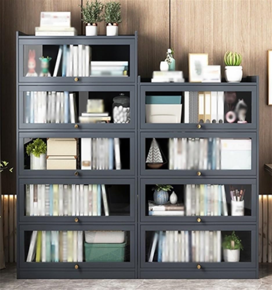 Modern 5 Tier Bookcase with Flip Door, Rectangle Shelves with Closed Back Panels, Tall Bookshelf, Storage Organizer Shelves for Bedroom, Living Room, Office, Kitchen(Gray,23.6*12.2*67.7in)