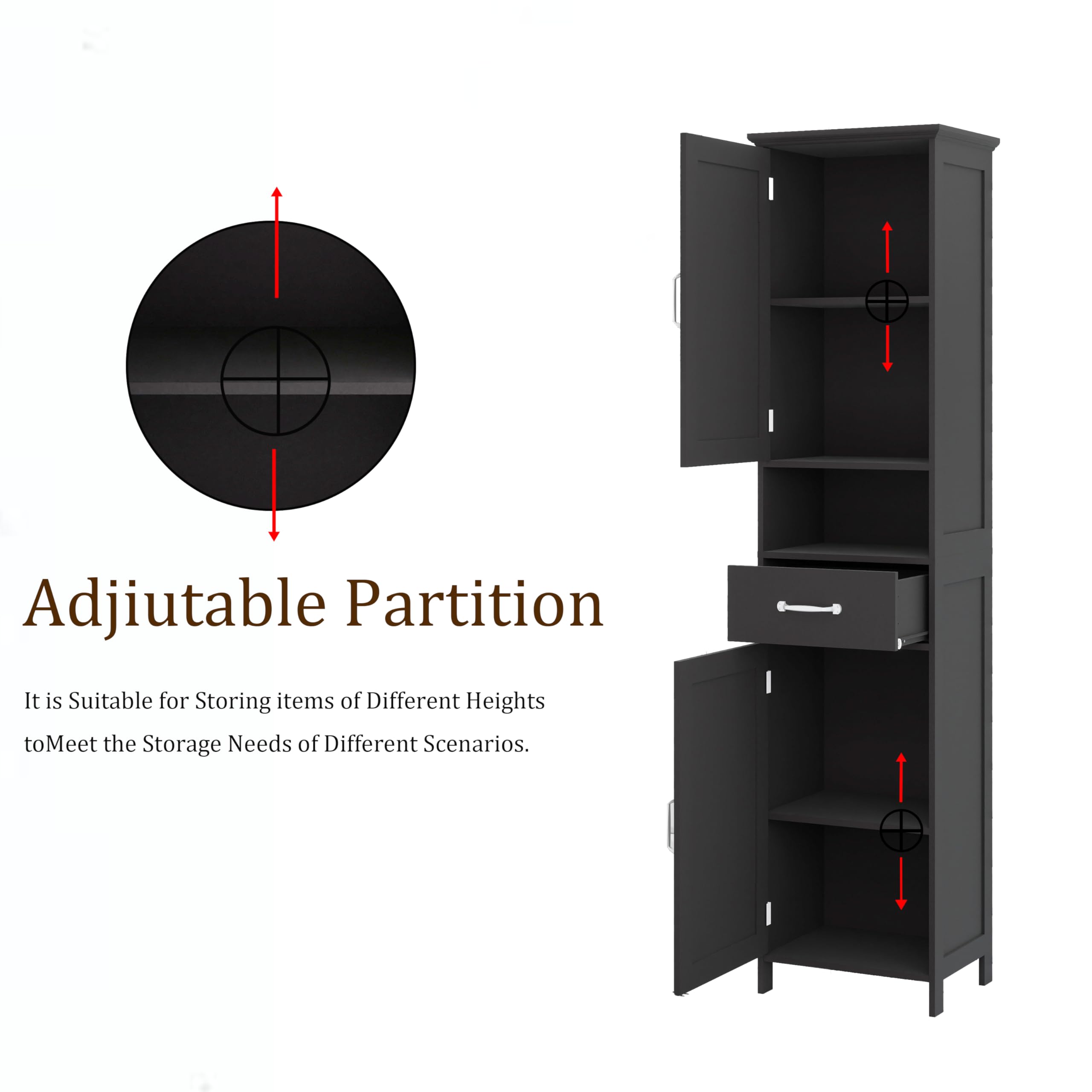 Locsear Tall Bathroom Storage Cabinet, Black Bathroom Cabinets Freestanding, Narrow Storage Cabinet w/Adjustable Shelves for Home, Kitchen, Versatile, Anti-Tipping