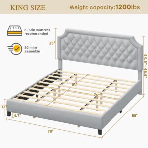 YITAHOME King Size Velvet Bed Frame with Adjustable Headboard, Upholstered Platform Bed with Deep Button Tufted and Rivet Decor, Strong Wooden Slats, No Box Spring Needed, Easy Assembly, Grey