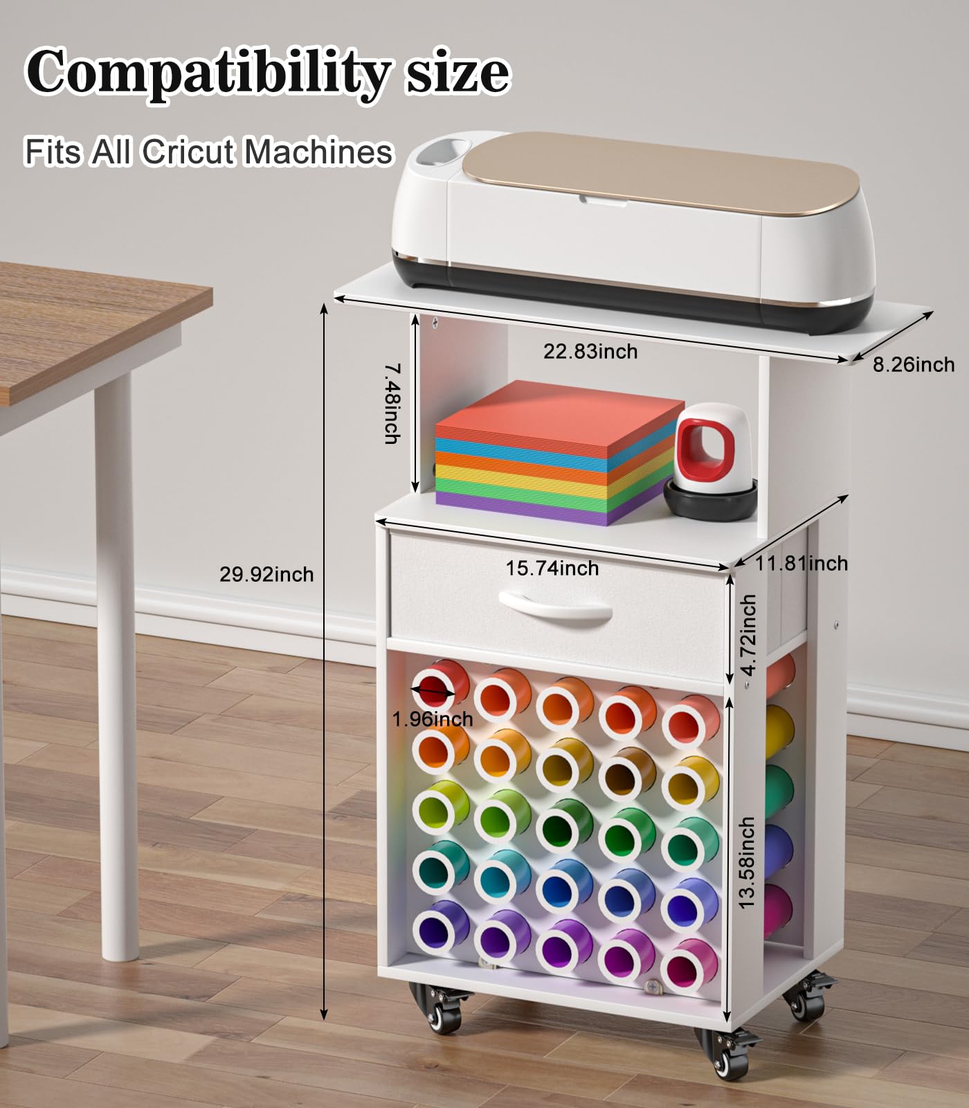 Rolling Craft Storage Cart for Cricut,Crafting Cabinet Workstation with 25 Vinyl Roll Holders,Organizer and Storage Cart for Cricut Machine,Craft Cart and Storage Table for Craft Room&Home&Office