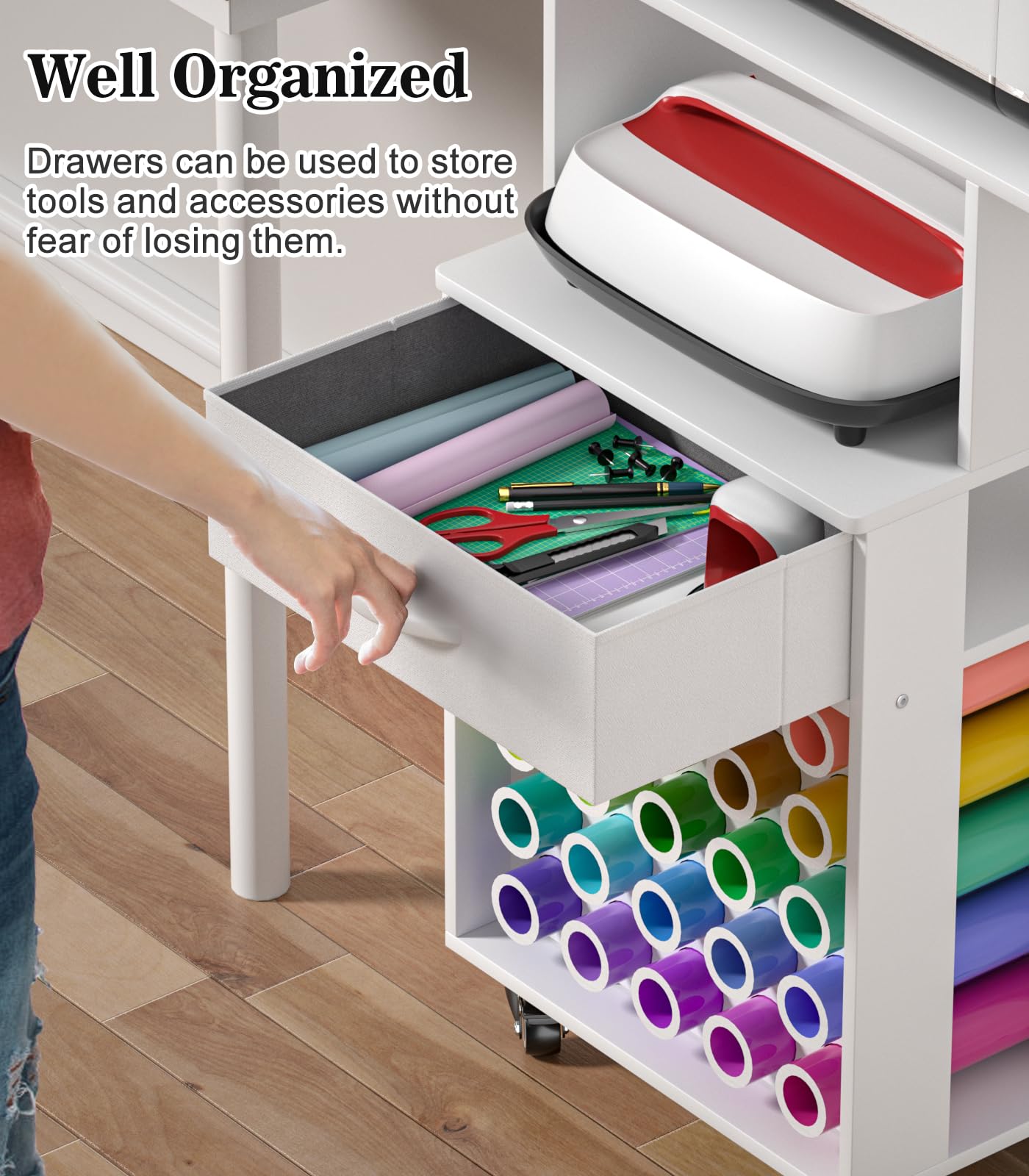 Rolling Craft Storage Cart for Cricut,Crafting Cabinet Workstation with 25 Vinyl Roll Holders,Organizer and Storage Cart for Cricut Machine,Craft Cart and Storage Table for Craft Room&Home&Office