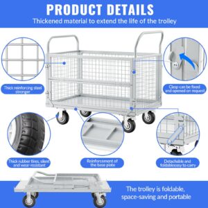 Platform Truck Cart with Cage,5in1 Heavy Duty Flatbed Cart, Foldable Hand Truck Flat Cart, Load 2500LB with 4 Swivel Casters,Multi-Functional Push Cart for Grocery, Laundry, Shelving, Pantry