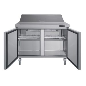 Quantum Commercial Grade Mega Top Sandwich/Salad Prep Table | Stainless Steel | 2 Door | Insulated Lid | Cutting Board Included | (18) 1/6 Size Pans Included | 48.2” W x 34” D x 46.5” H