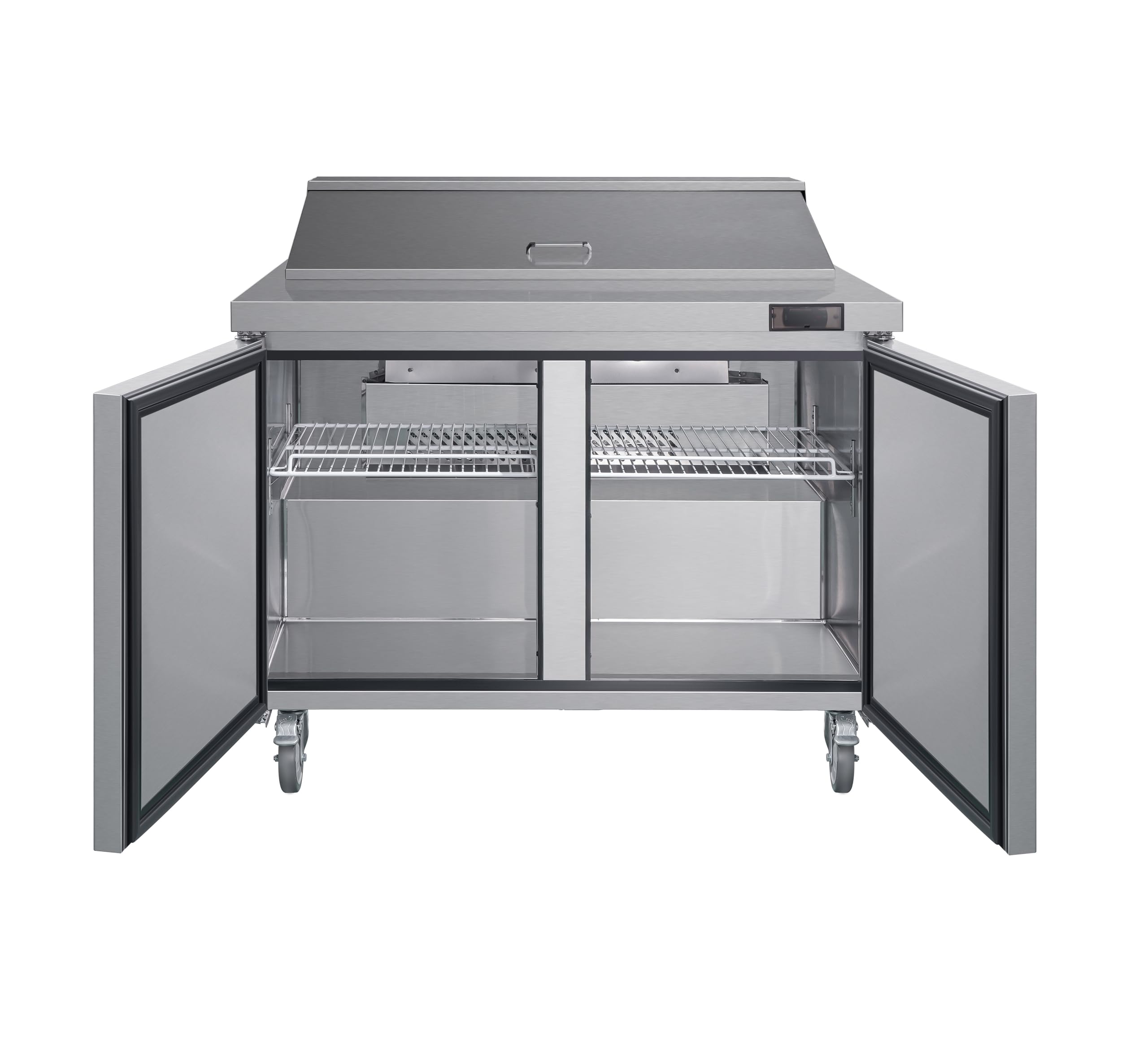 Quantum Commercial Grade Mega Top Sandwich/Salad Prep Table | Stainless Steel | 2 Door | Insulated Lid | Cutting Board Included | (18) 1/6 Size Pans Included | 48.2” W x 34” D x 46.5” H