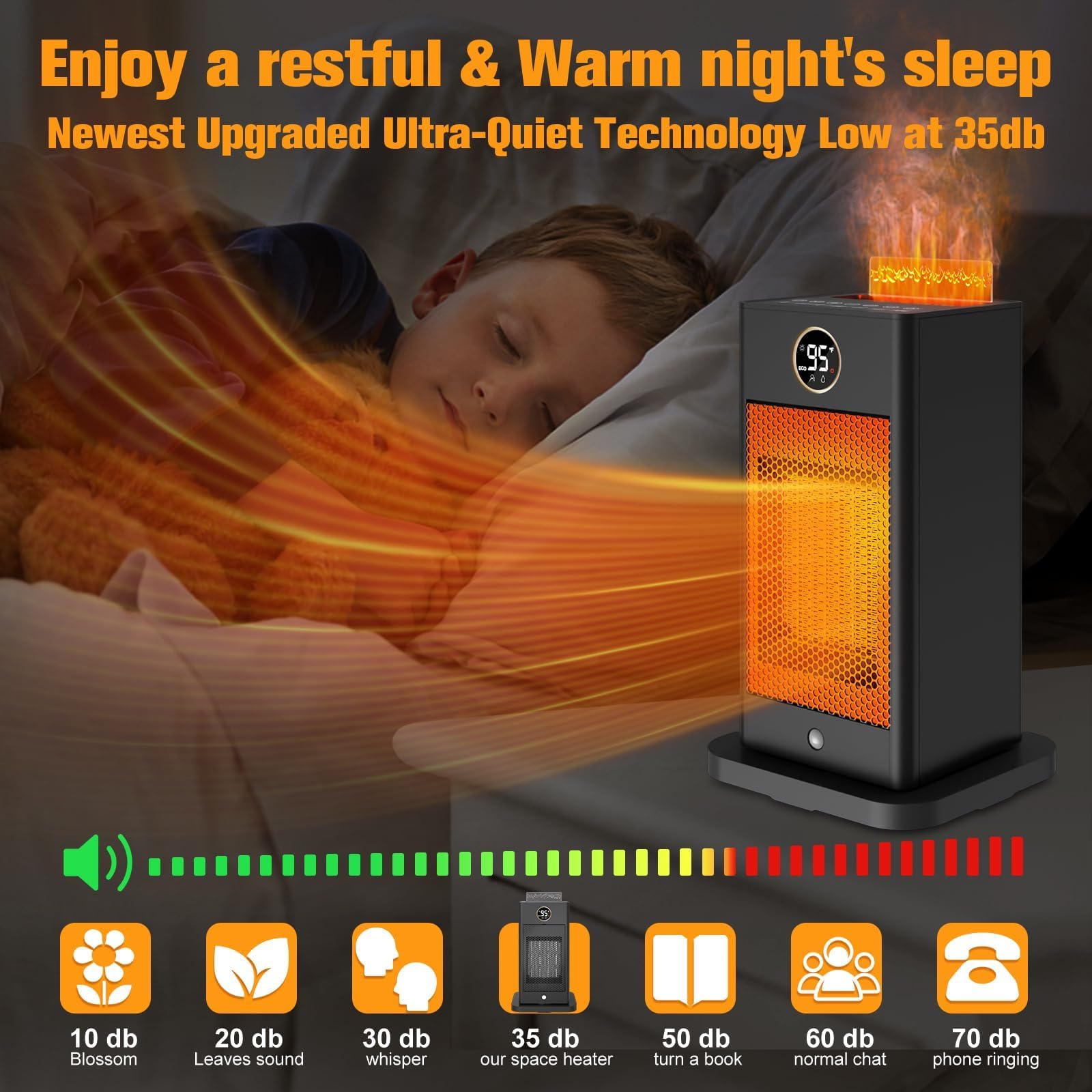 Space Heaters for Indoor Use,1500W PTC Space Heater Large Room,2s Fast Heating Heater with Sensor/Humidifier/3D Flame Effect/Oscillating,Heater for Bedroom,Office,Heat Up 260 sq.ft