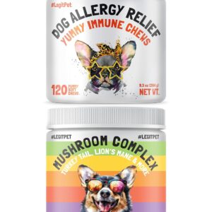 Allergy Relief Chews for Dogs & Immune & Digestive Supplement 120 Soft Treats and Mushroom Complex Treats for Dogs with Reishi Shiitake and Turkey Tail Mushrooms