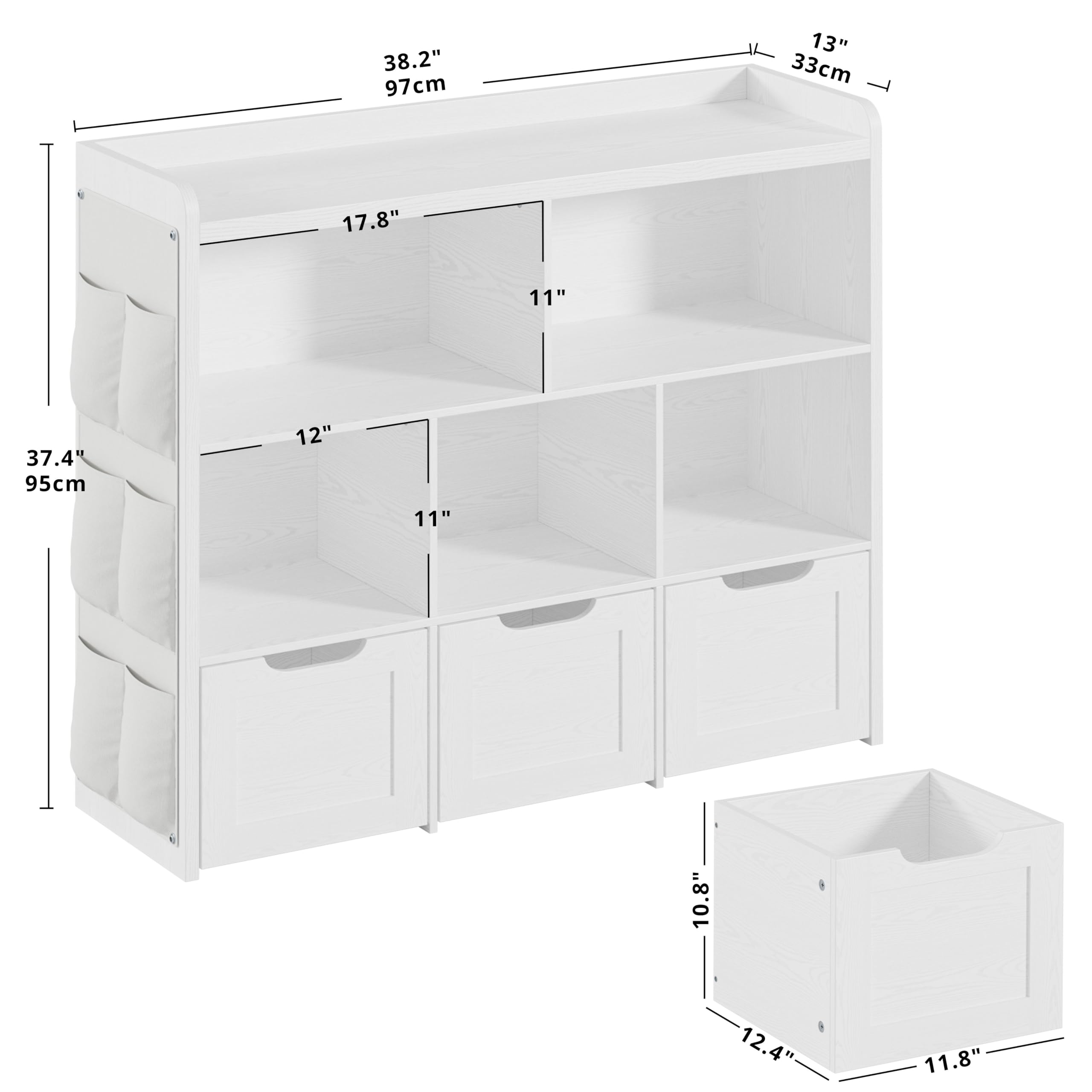 IRONCK Toy Storage Organizer with 3 Movable Drawers, Multifunctional Floor Storage Cabinet Toy Chest with 5 Storage Cubbies, Kids Bookcase for Boys and Girls, White