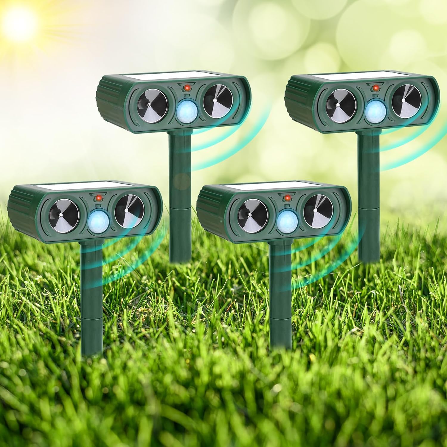 Gebatule 4 Pack Solar Ultrasonic Animal Repellent Outdoor Animal Repeller Repel Cat, Squirrel, Deer, Raccoon, Skunk, Rabbit, Rat, Dog, Waterproof with Motion Detector for Garden Yard