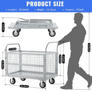 Platform Truck Cart with Cage,5in1 Heavy Duty Flatbed Cart, Foldable Hand Truck Flat Cart, Load 2500LB with 4 Swivel Casters,Multi-Functional Push Cart for Grocery, Laundry, Shelving, Pantry