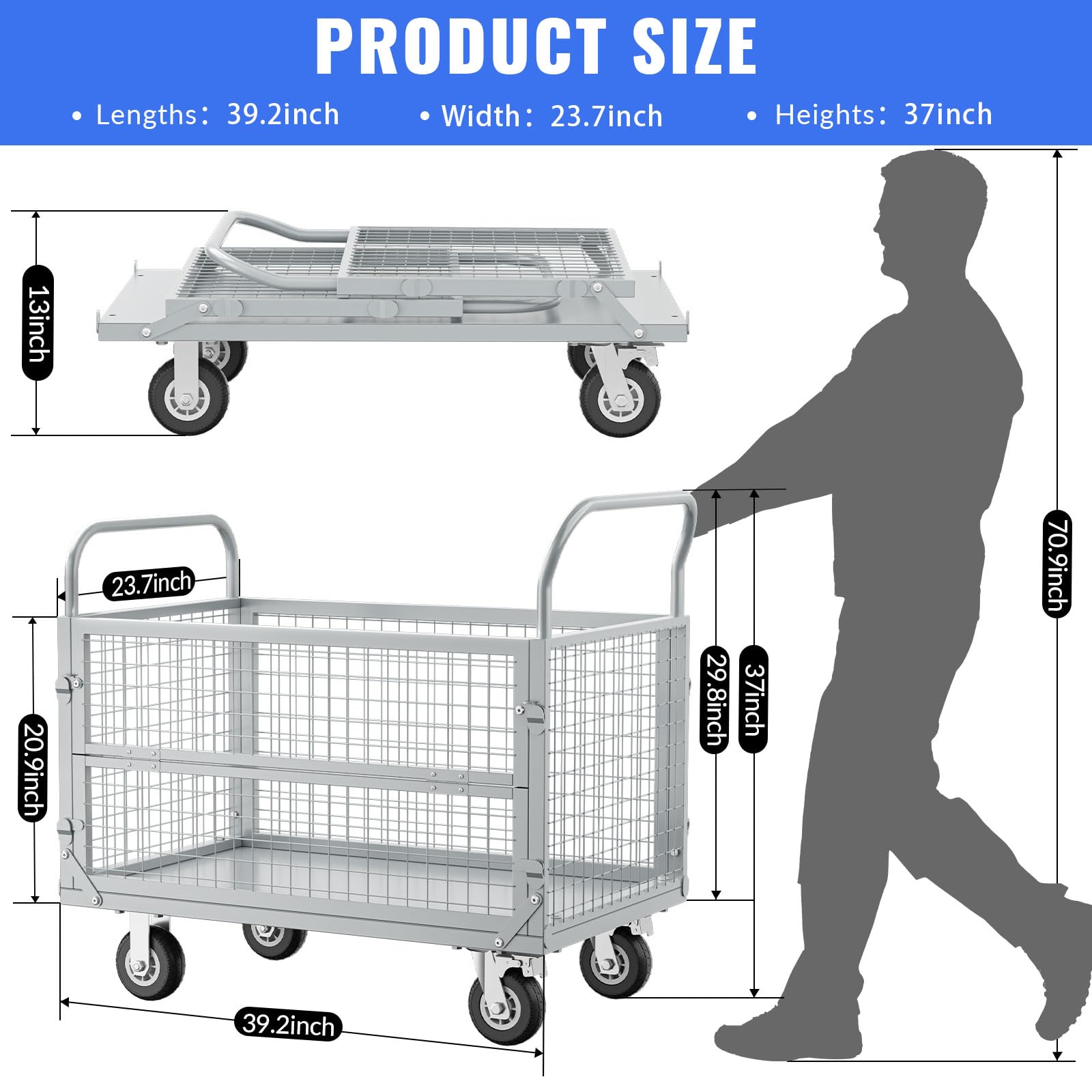 Platform Truck Cart with Cage,5in1 Heavy Duty Flatbed Cart, Foldable Hand Truck Flat Cart, Load 2500LB with 4 Swivel Casters,Multi-Functional Push Cart for Grocery, Laundry, Shelving, Pantry