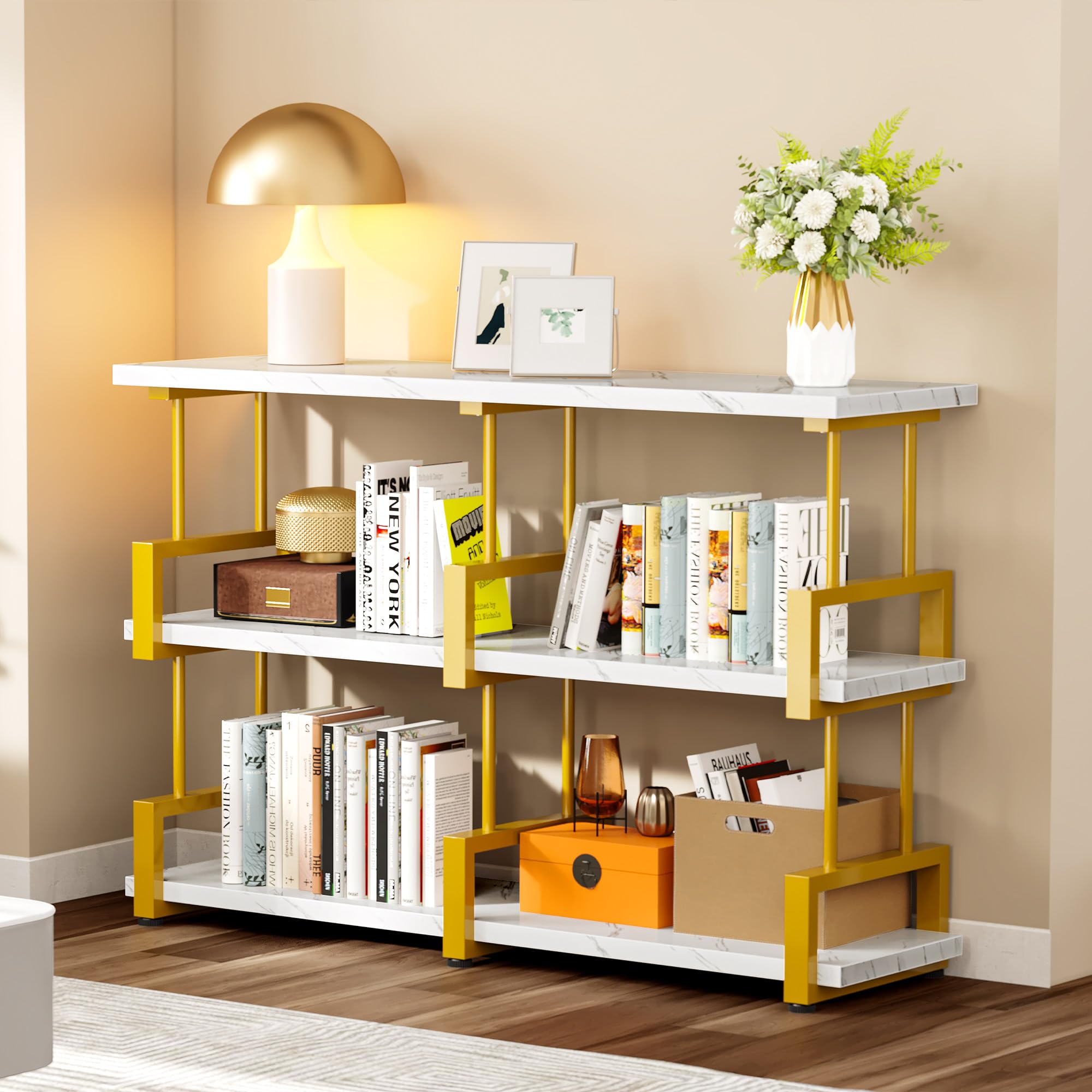 YITAHOME Gold Bookshelf, 3-Tier Modern Bookcase Open Book Shelf Horizontal Bookshelf for Living Room, Sleeping Room, Home Office, Faux Marble White