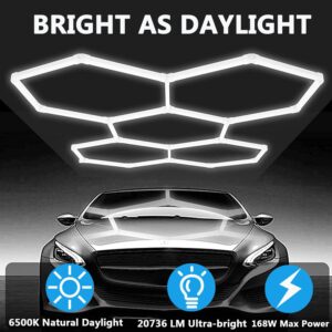 DHXYHQY LED Hexagon Garage Lights, Hexagon Honeycomb Lights, 192W, 20736LM, 6500K Super Bright, 5 Grid Systems Car Detailing Ceiling LED Light for Garage Warehouse Workshop Basement Gym