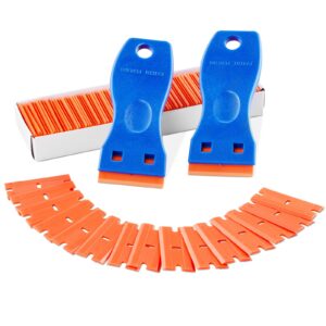 vevor 2pcs razor blade scraper,plastic scraper tool with 120pcs plastic blades,cleaning scraper remover for stickers,decals,adhesive,labels,paint from glass, car,window,caulk,no scratches,blue