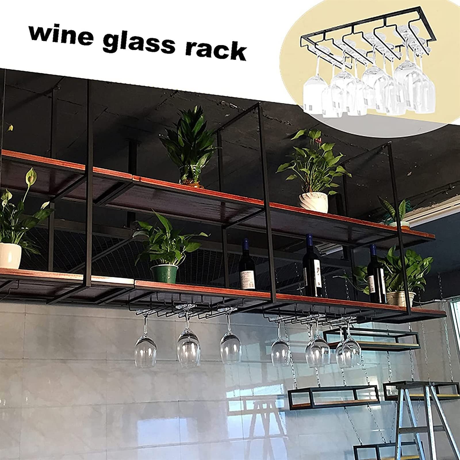 Ceiling Glass Rack Floating Shelves,Ceiling Shelf,Retro Bar Restaurant Iron Ceiling Mounted Storage Shelf/Hanging Decorative Floer Stand,Can Bear 65kg