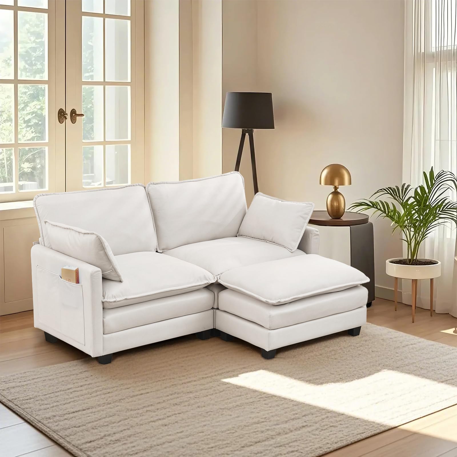 MANBUR Cloud Couch Sectional, Oversized Modular Convertible Sectional Sofa Couch, 2-Seat L Shaped Extra Deep Seat Sofa Couch with Ottoman and Pillows for Living Room, Apartment, Office, White