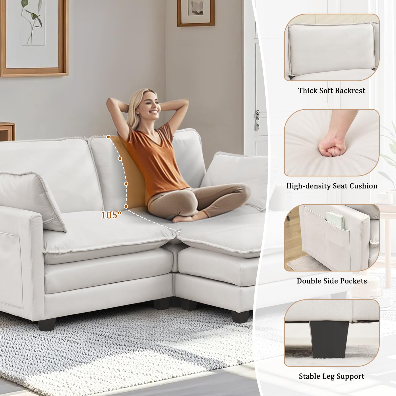 MANBUR Cloud Couch Sectional, Oversized Modular Convertible Sectional Sofa Couch, 2-Seat L Shaped Extra Deep Seat Sofa Couch with Ottoman and Pillows for Living Room, Apartment, Office, White