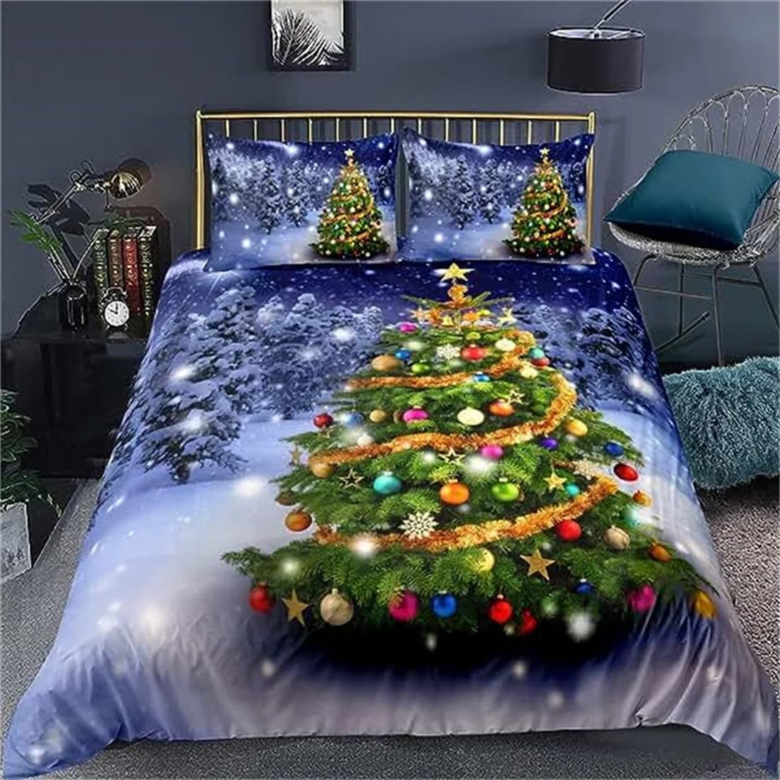 NTCYGJ Christmas Duvet Cover Queen Size, Christmas Tree Snow Scene Bedding Set,Holiday Decor,Christmas Theme Quilt Cover Set,with Zipper Closure Doona Cover（Queen Size）