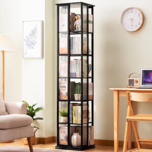 wrdela rotating bookshelf, 360 display corner bookshelf for small space, 6 tier floor standing bookcase storage rack, bamboo narrow organizer for kid’s playroom, bedroom and living room (black)