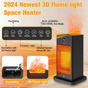 Space Heaters for Indoor Use,1500W PTC Space Heater Large Room,2s Fast Heating Heater with Sensor/Humidifier/3D Flame Effect/Oscillating,Heater for Bedroom,Office,Heat Up 260 sq.ft