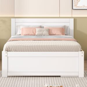 Linique Full Size Platform Bed with Drawer and Two Shelves,Full Bed Frame with Storage,Spring Box No Need,White