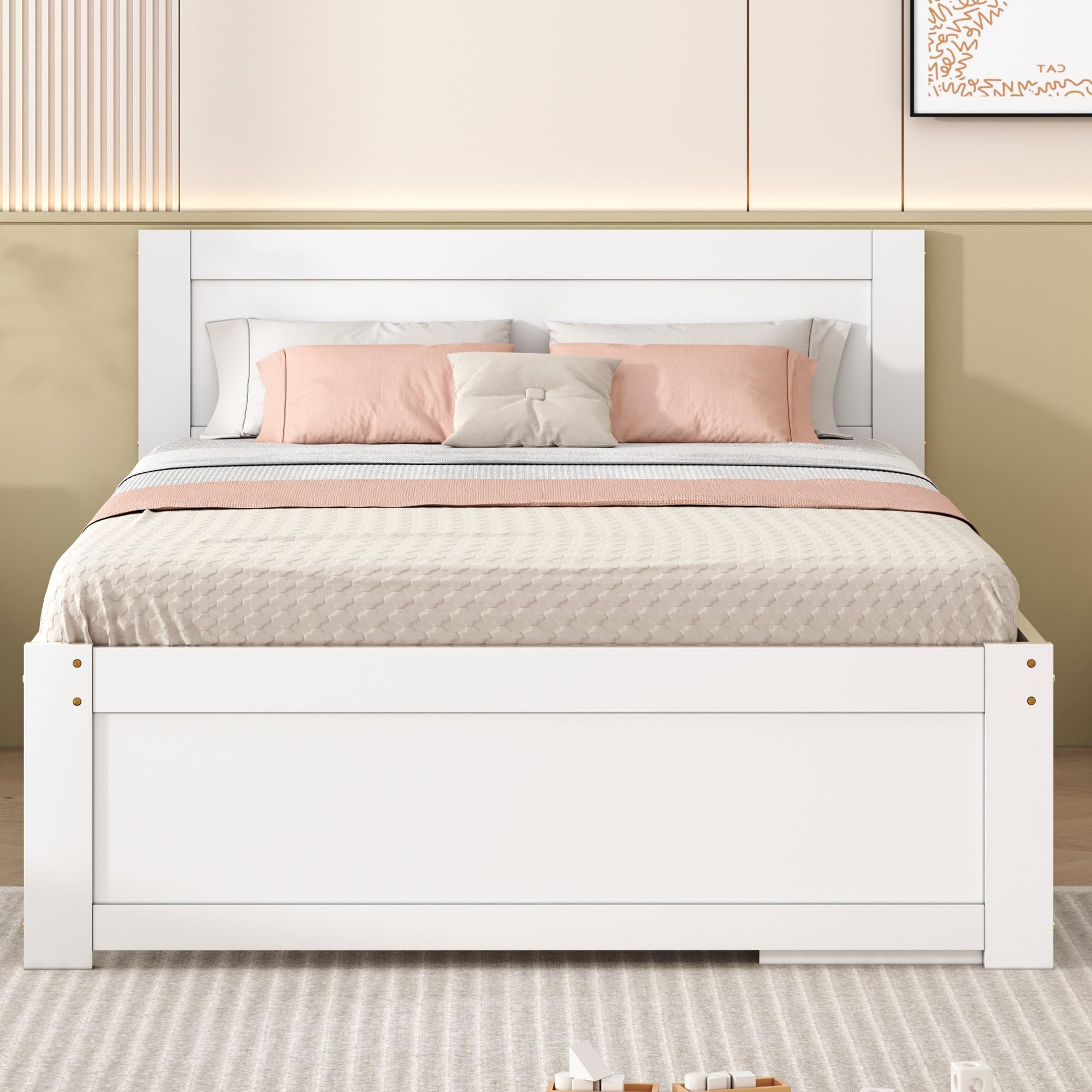 Linique Full Size Platform Bed with Drawer and Two Shelves,Full Bed Frame with Storage,Spring Box No Need,White