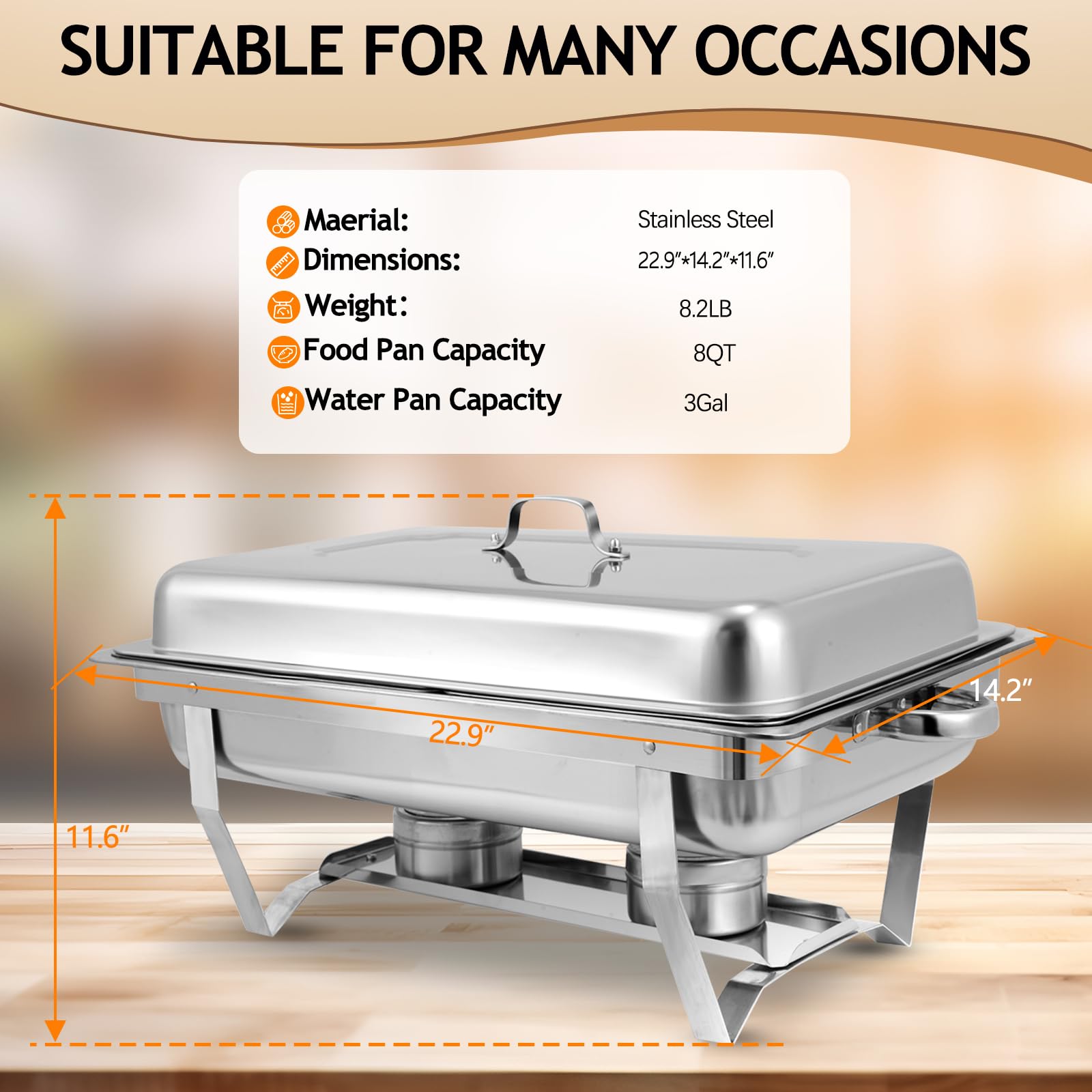 XYJBHB 2 Pack Stainless Steel Chafing Dish 8 QT Half Size Chafing Dish Buffet Set Silver Rectangular Catering Chafer Warmer for Buffet Banquet Party Catering Supplies