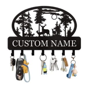 dyoart personalized key holder for wall, custom metal deer cabin key hooks with name, metal key holder hooks organizer rack, key hanger decor for kitchen, entryway, hallway, office, doorway