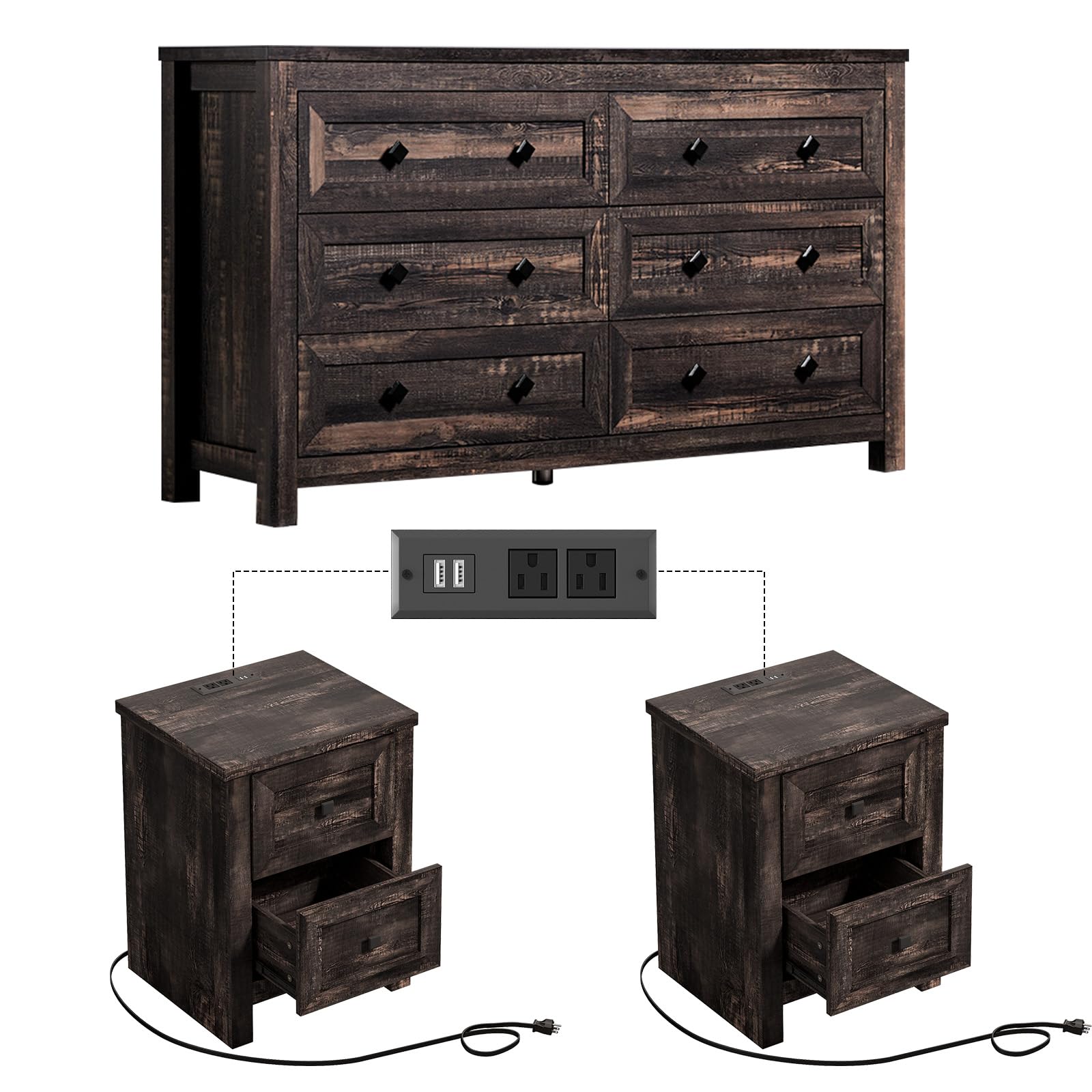 LUXOAK Bedroom Dresser and Nightstand 3 Piece Set, 1 X Wood Rustic 6 Drawer Storage Dresser, Nightstand Set of 2 with Charging Station, Farmhouse Bedroom Furniture Set, Dark Rustic Oak