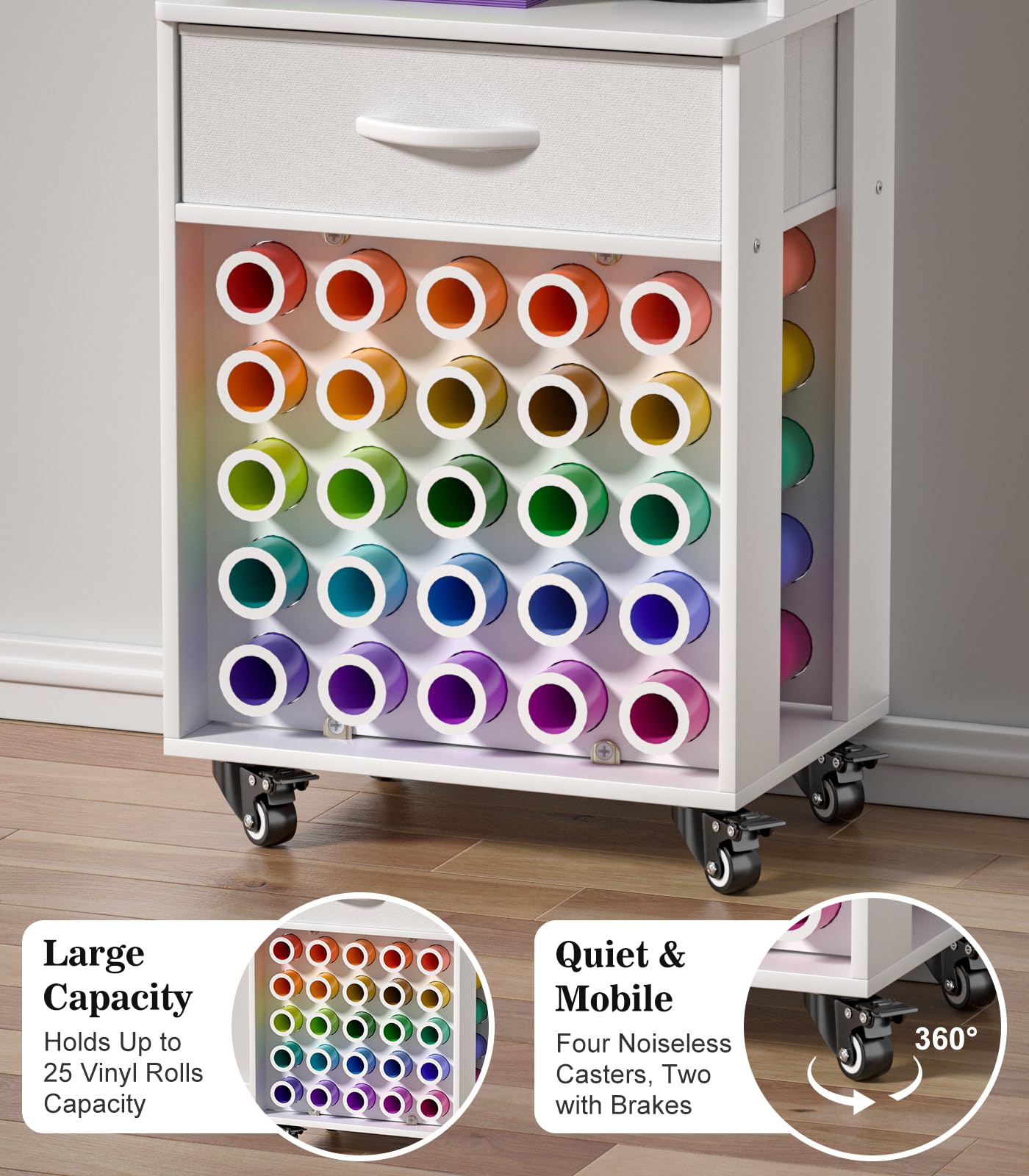 Rolling Craft Storage Cart for Cricut,Crafting Cabinet Workstation with 25 Vinyl Roll Holders,Organizer and Storage Cart for Cricut Machine,Craft Cart and Storage Table for Craft Room&Home&Office