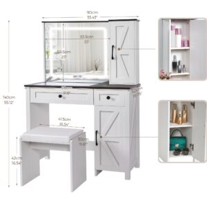 ANWBROAD Farmhouse Vanity Makeup Desk with Glass Tabletop, Vanity Desk with Lights Mirror Drawers Cabinet for Makeup, Modern Vanity Table Set with Vanity Stool for Bedroom, White UBDT59W