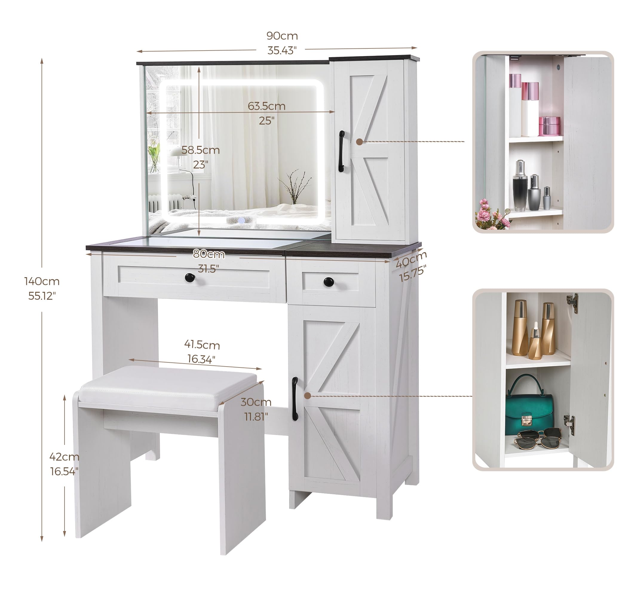 ANWBROAD Farmhouse Vanity Makeup Desk with Glass Tabletop, Vanity Desk with Lights Mirror Drawers Cabinet for Makeup, Modern Vanity Table Set with Vanity Stool for Bedroom, White UBDT59W