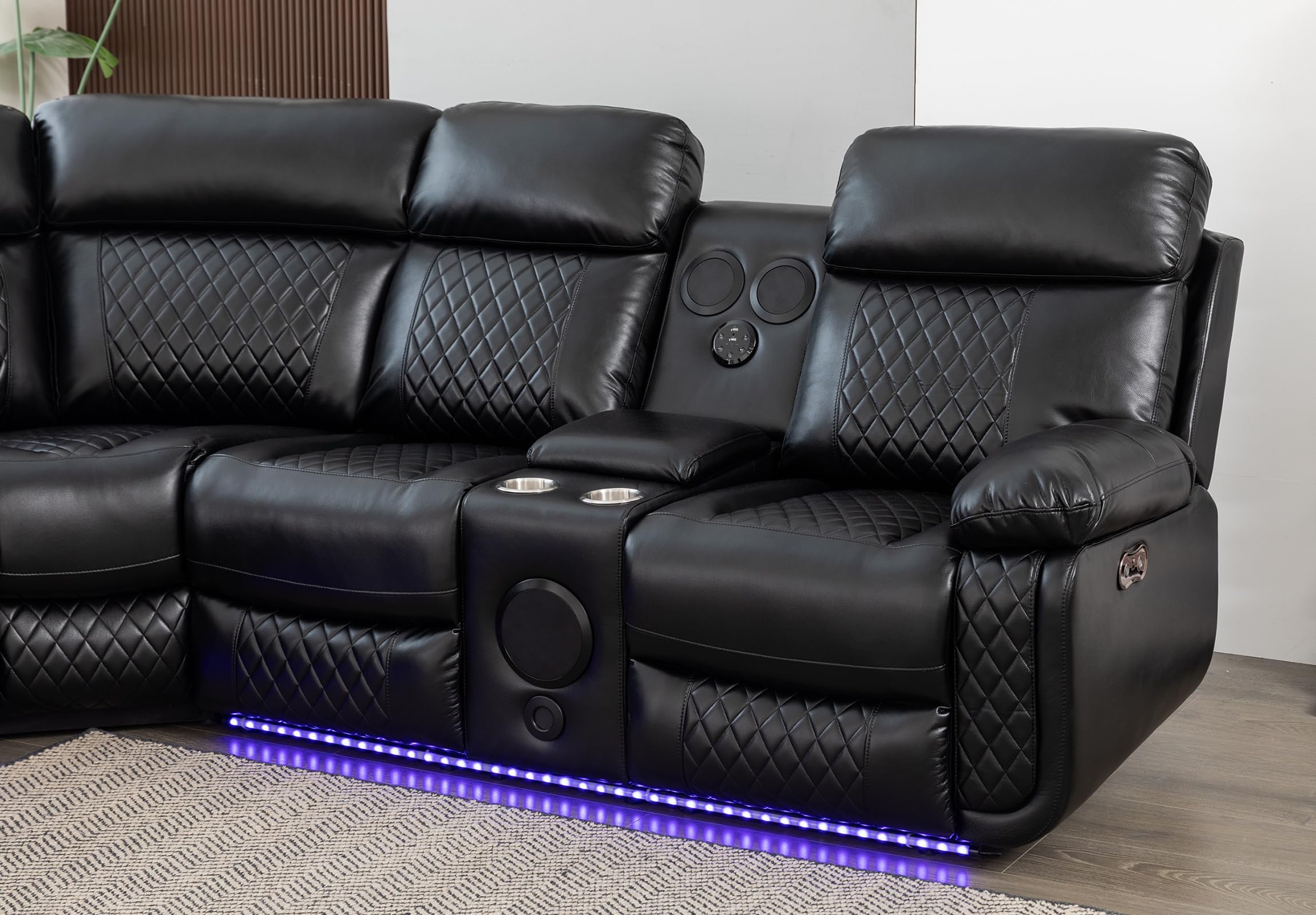 Power Recliner Sofa Sectional Couches with Speaker LED Light Strip Cup Holders Console Table Storage for Home Theater Living Room Office