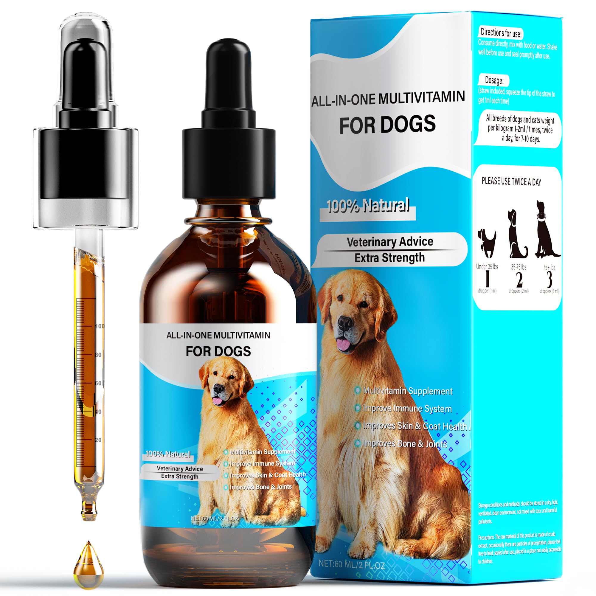 Dog Vitamins Liquid, 13-In-1 Dog Multivitamin Extra Strength to Improve Dog’s Digestive & Immune, Skin & Coat, Bone & Joint Health, 60 Ml Nature Dog Vitamins and Supplements for All Age Breed Size Dog