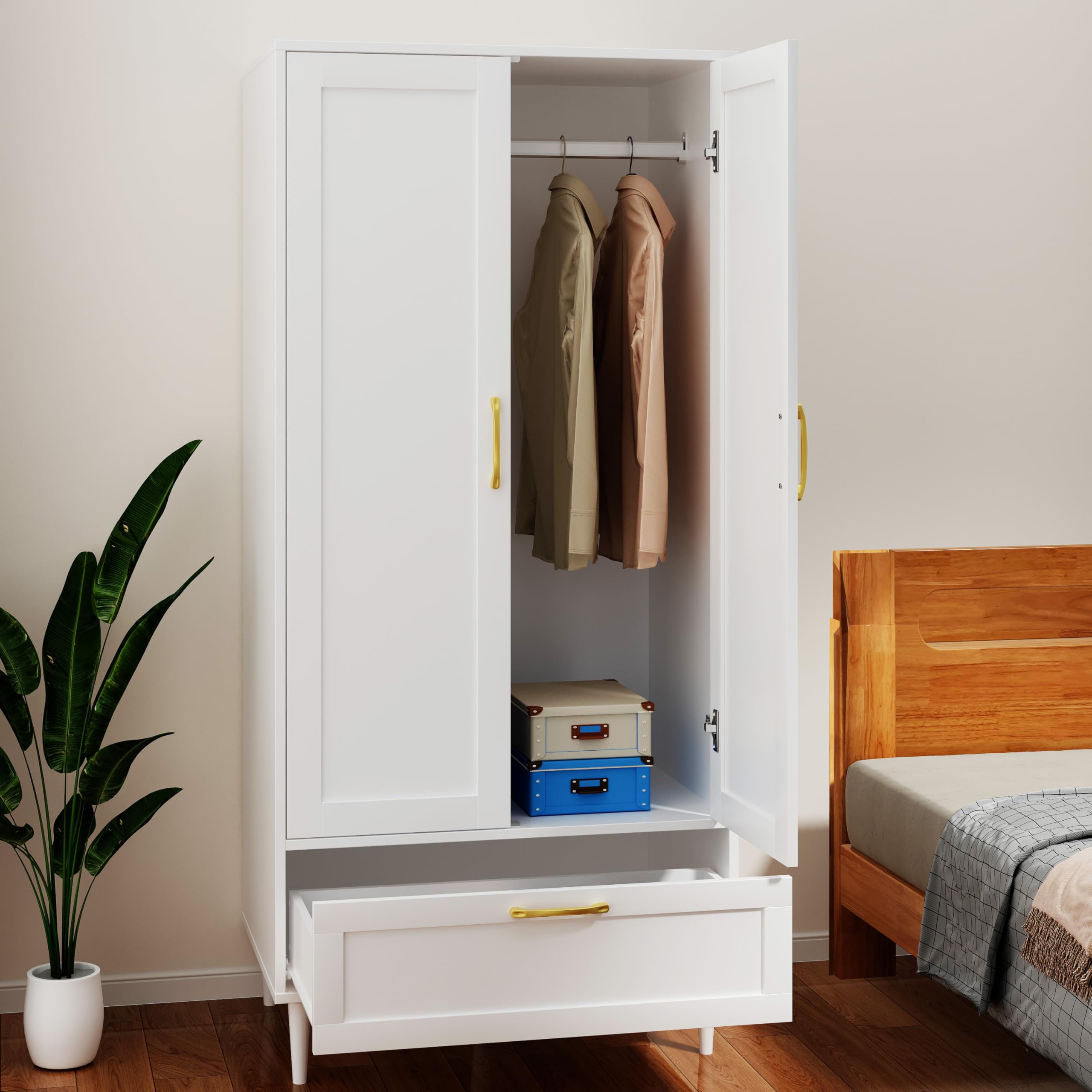 Gyger Wardrobe Closet with Drawer, Armoires and Wardrobes with Shelves and Hanging Rail,Freestanding Wooden Wardrobe Cabinet for Bedroom,White