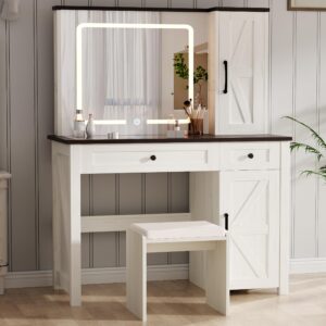 anwbroad farmhouse vanity makeup desk with glass tabletop, vanity desk with lights mirror drawers cabinet for makeup, modern vanity table set with vanity stool for bedroom, white ubdt59w