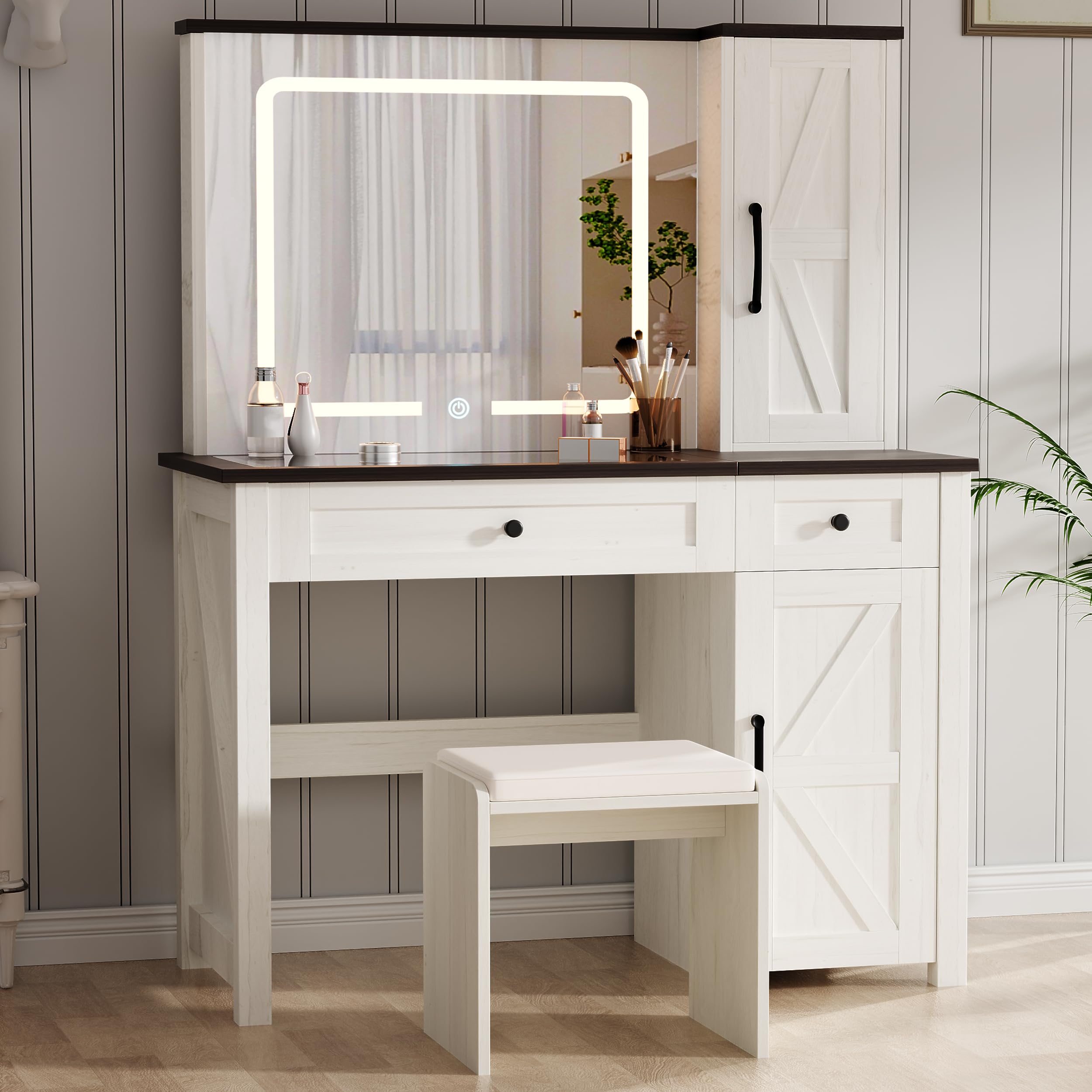 ANWBROAD Farmhouse Vanity Makeup Desk with Glass Tabletop, Vanity Desk with Lights Mirror Drawers Cabinet for Makeup, Modern Vanity Table Set with Vanity Stool for Bedroom, White UBDT59W