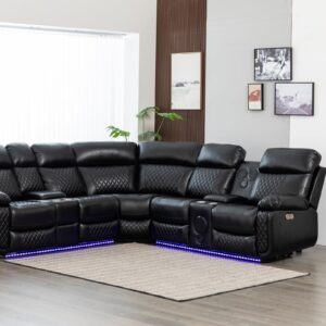 Power Recliner Sofa Sectional Couches with Speaker LED Light Strip Cup Holders Console Table Storage for Home Theater Living Room Office