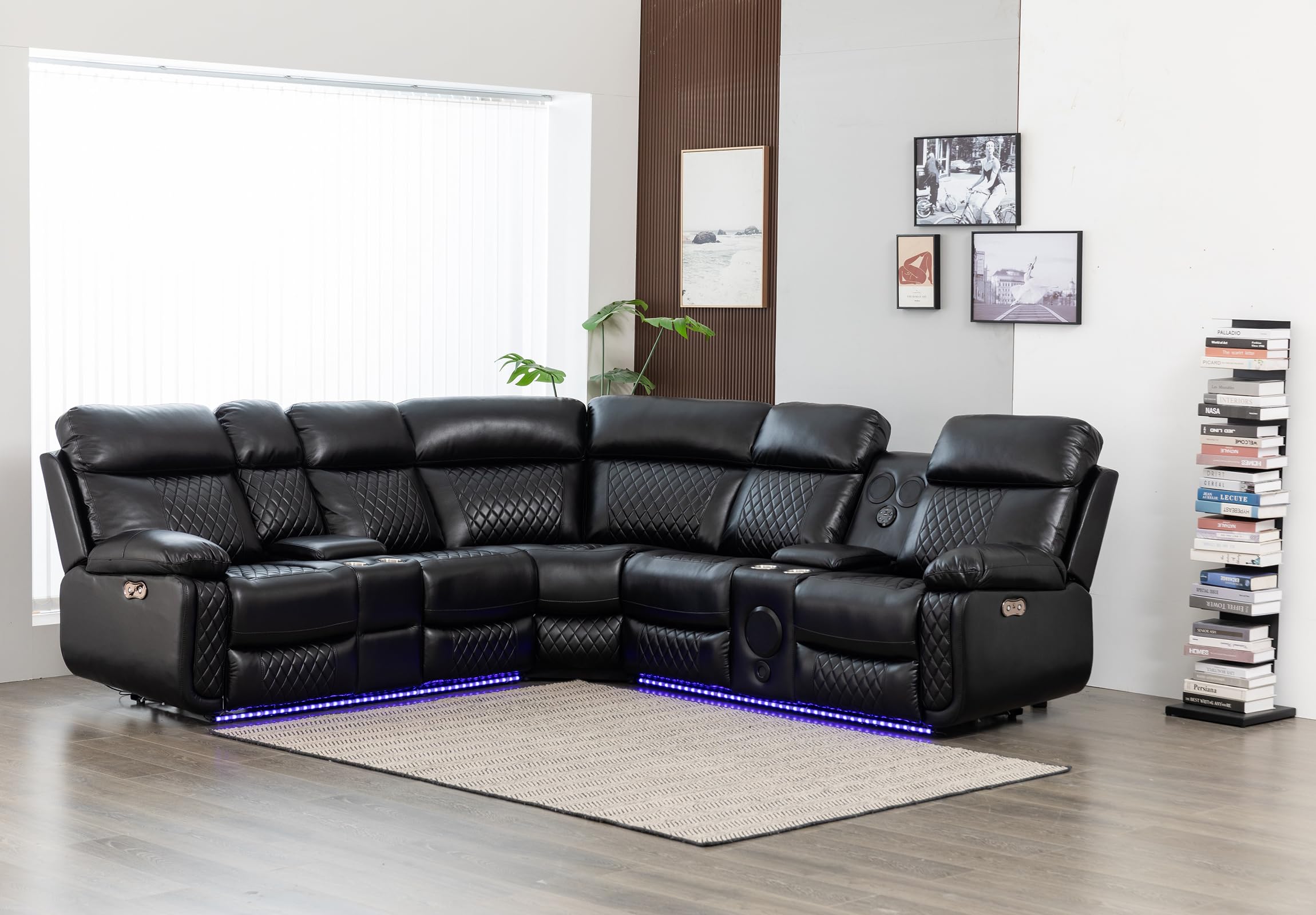 Power Recliner Sofa Sectional Couches with Speaker LED Light Strip Cup Holders Console Table Storage for Home Theater Living Room Office