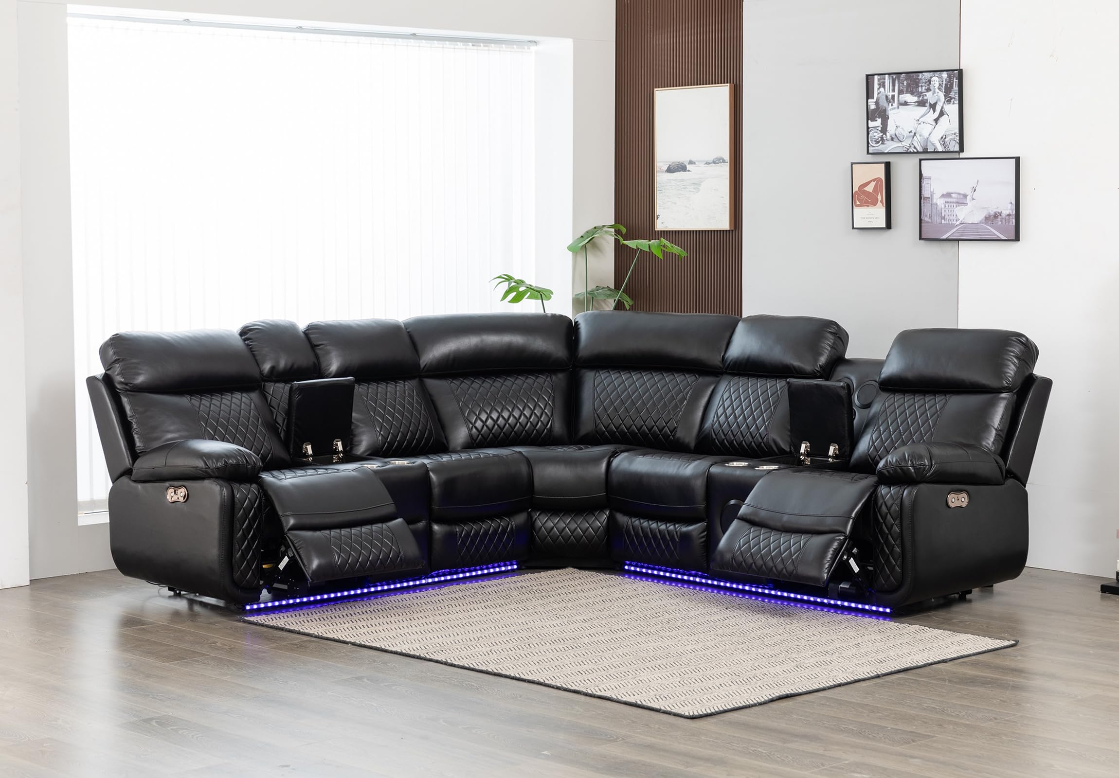 Power Recliner Sofa Sectional Couches with Speaker LED Light Strip Cup Holders Console Table Storage for Home Theater Living Room Office