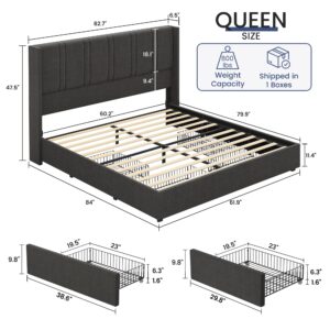 BRELTAM Queen Size Bed Frame with 4 Storage Drawers Linen Upholstered Platform Bed with Wingback Headboard, No Box Spring Needed, Easy Assembly, Dark Grey