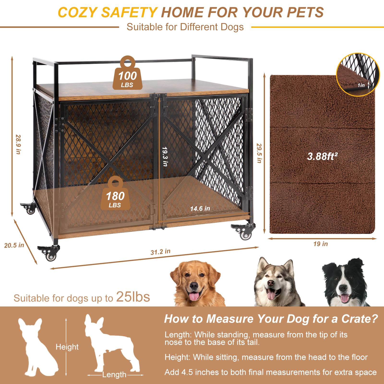 Ketive Dog Crate Furniture with Cushion, 31"L Wooden Dog Crate End Table with Double Doors, Chew-Resistant Dog Kennel Indoor, Heavy Duty Dog Crate with Wheels, Rustic Brown (31.2"L x 20.5"W x 28.9"H)