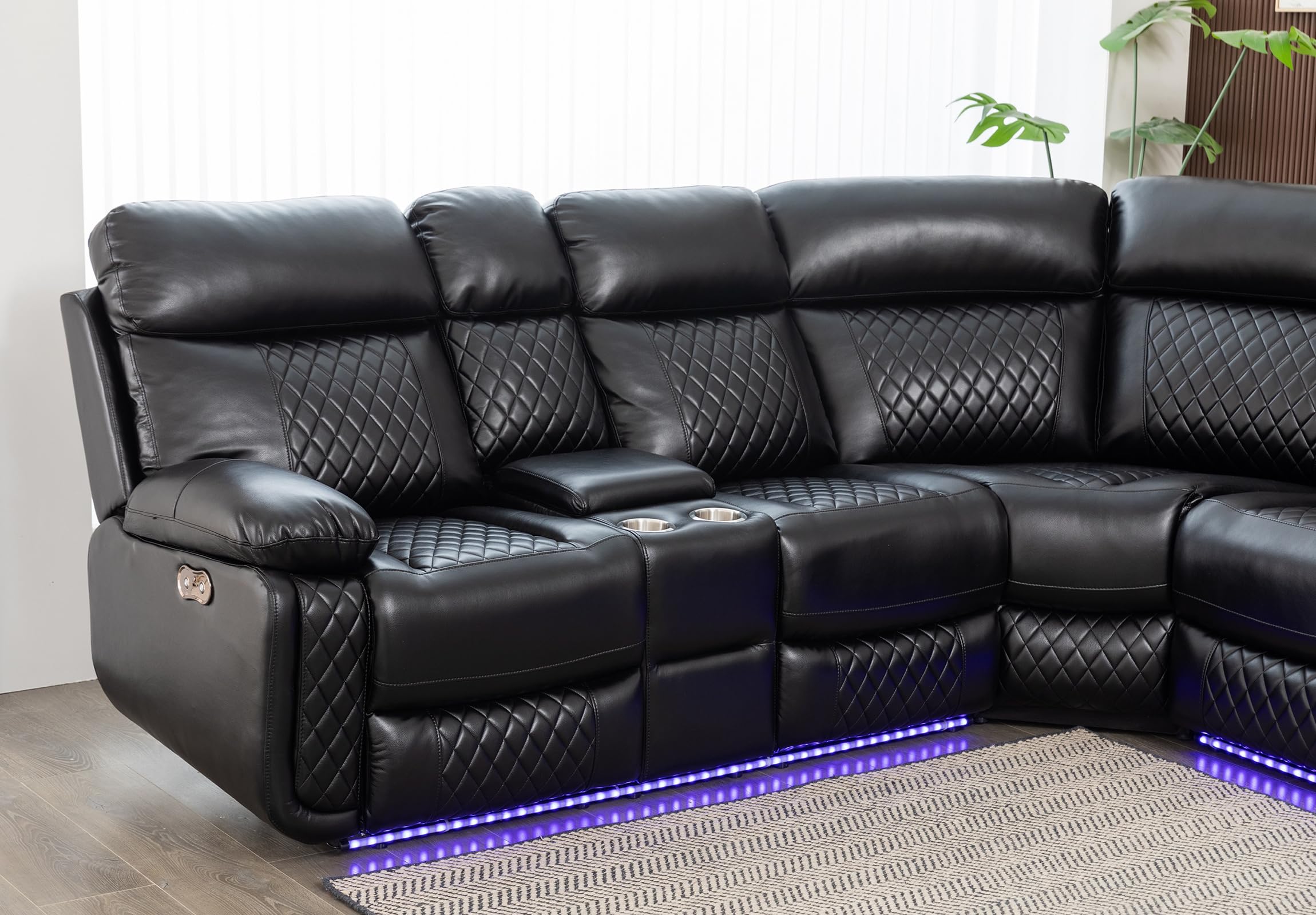 Power Recliner Sofa Sectional Couches with Speaker LED Light Strip Cup Holders Console Table Storage for Home Theater Living Room Office