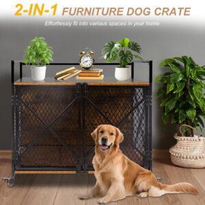 Ketive Dog Crate Furniture with Cushion, 31"L Wooden Dog Crate End Table with Double Doors, Chew-Resistant Dog Kennel Indoor, Heavy Duty Dog Crate with Wheels, Rustic Brown (31.2"L x 20.5"W x 28.9"H)