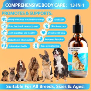 Dog Vitamins Liquid, 13-In-1 Dog Multivitamin Extra Strength to Improve Dog’s Digestive & Immune, Skin & Coat, Bone & Joint Health, 60 Ml Nature Dog Vitamins and Supplements for All Age Breed Size Dog